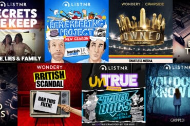 A collection of seven different podcast artworks