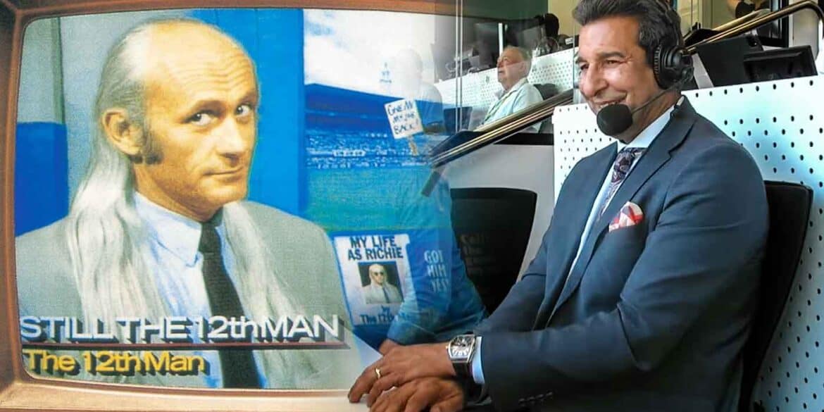 Wasim Akram in the Triple M commentary box at Perth Stadium and the 12th Man's Still The 12th Man album artwork.