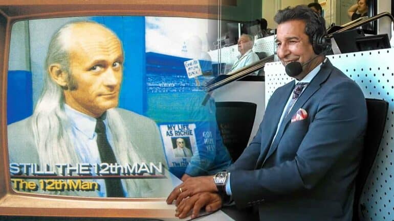 Wasim Akram in the Triple M commentary box at Perth Stadium and the 12th Man's Still The 12th Man album artwork.