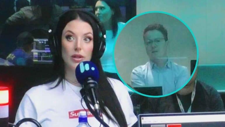 Angela White in studio, producer pictured