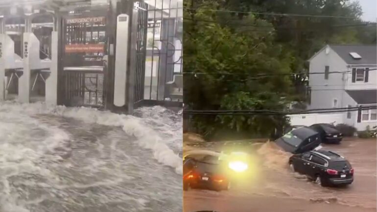 Two people have died in Plainfield, New Jersey, after their vehicle was swept into a brook during intense overnight storms.