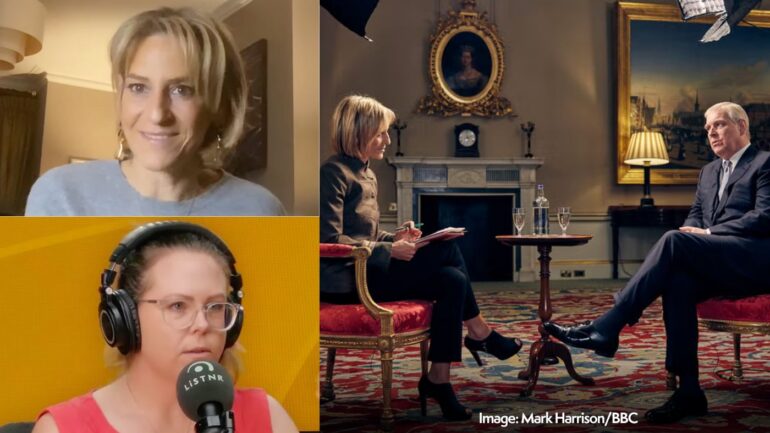 Emily Maitlis doing a podcast