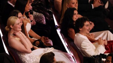 Elle Fanning, Timothee Chalamet and Kylie Jenner sitting at the Oscars